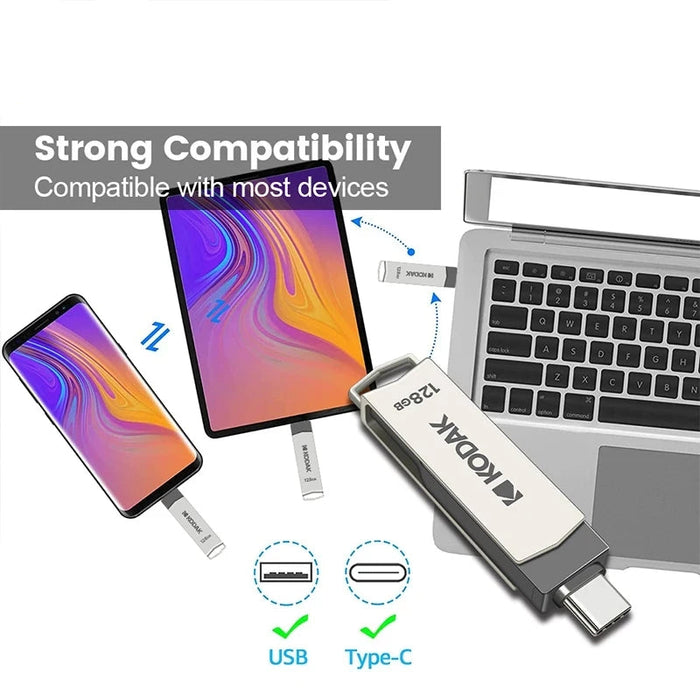 Kodak Metal USB Flash Drive 2 In 1 For Keys Smartphone Laptop 128gb / 64gb / 32gb