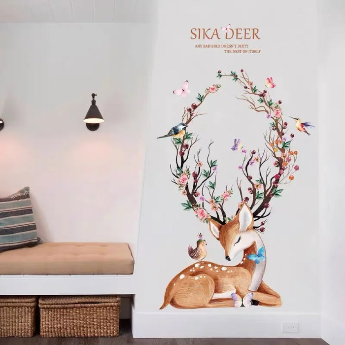 Watercolour Sika Deer Flower Birds Wall Stickers 54X99Cm Living Room & Kids Bedroom Decor