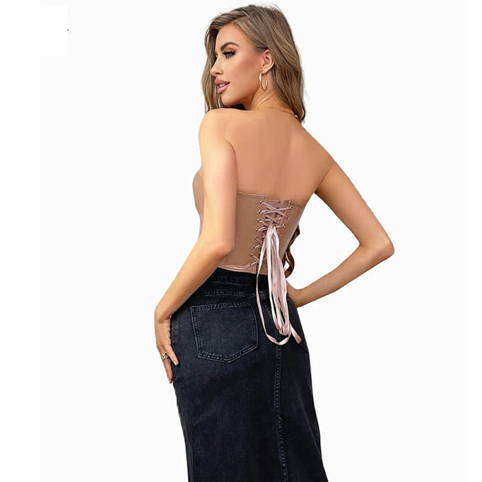 Vintage Gothic Leather Bustier Top Deep V-Neck Invisible Zipper Push Up Strapless