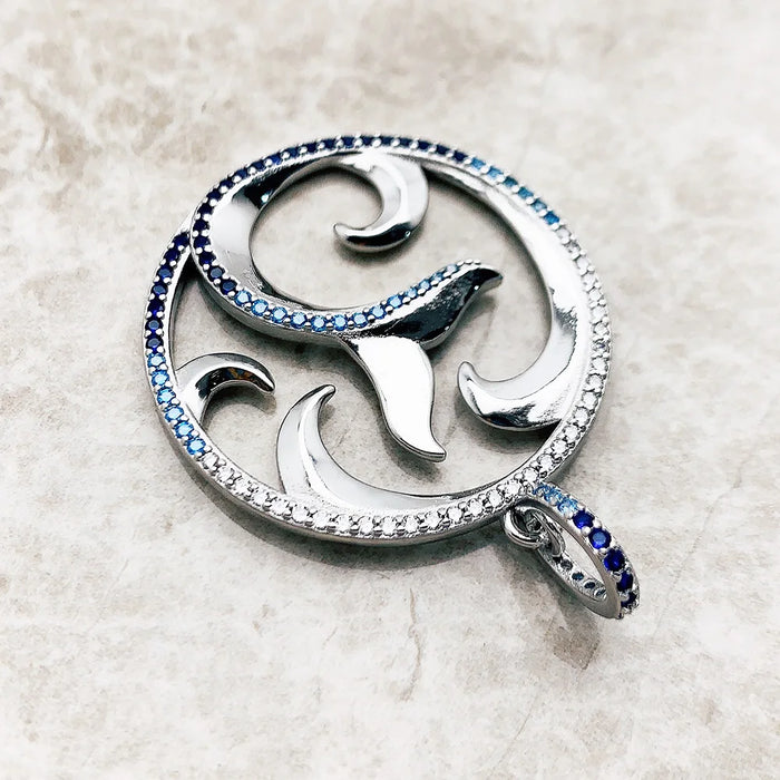 925 Sterling Silver Blue Dolphin Pendant Tail Fin & Wave Design Fine Jewelry For Women