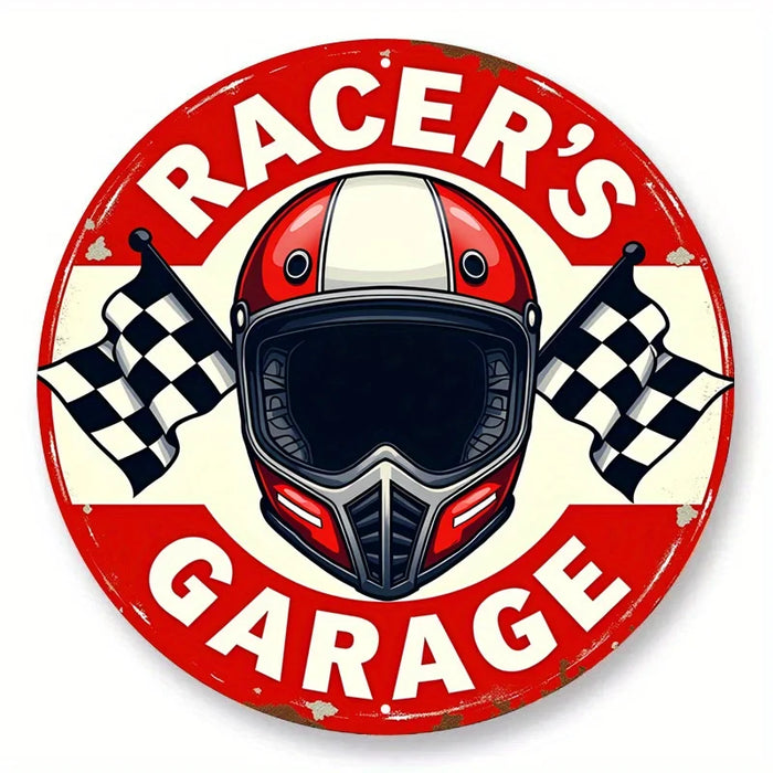 Retro Racing Metal Sign Vintage Design With Flag & Helmet