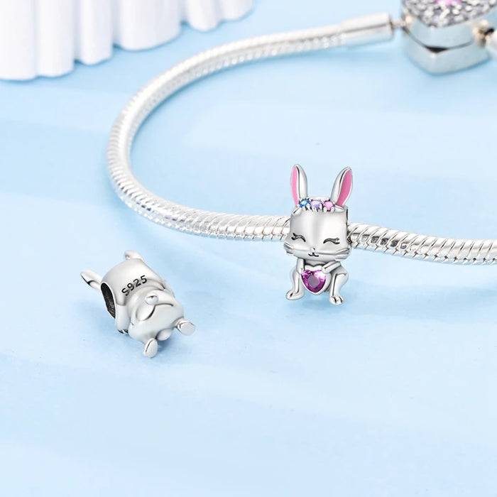 925 Sterling Silver Pink Rabbit Love Charm For Women Diy Party Accessory