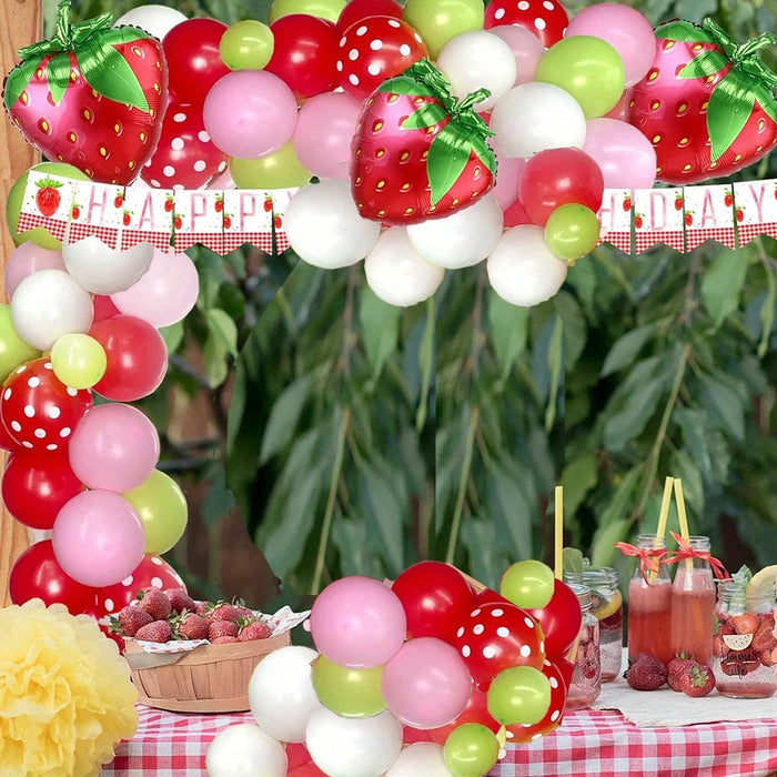 138Pcs Strawberry Balloon Wreath Arch Set Red Pink Green Balloon Set Birthday Party Home Decoration Music Festival Decoration