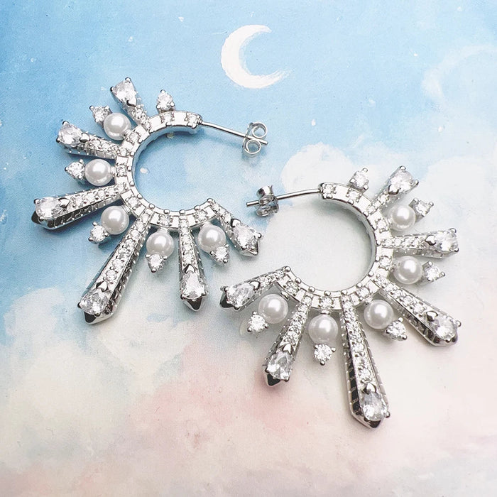 925 Sterling Silver Romantic Gift Sun Hoop Earrings With Freshwater Pearls