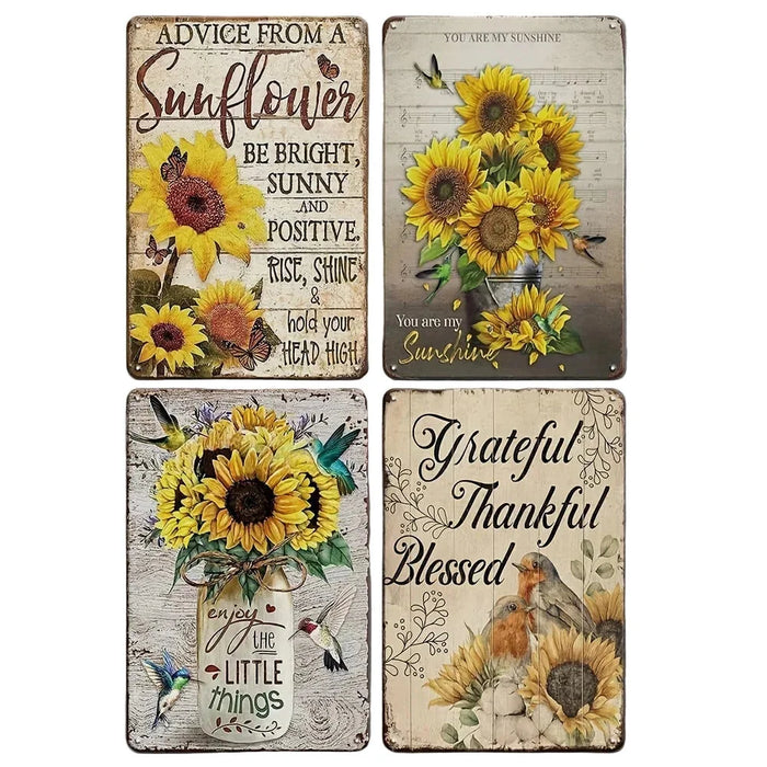 4Pcs Sunflower Wall Decor Set Retro Tin Signs Kitchen Accessories Inspirational