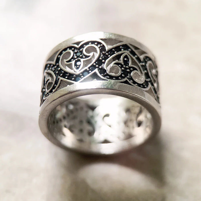 925 Sterling Silver Vintage Black Hearts Band Ring Women