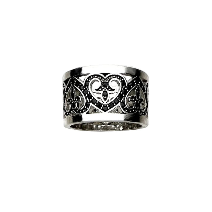 925 Sterling Silver Vintage Black Hearts Band Ring Women