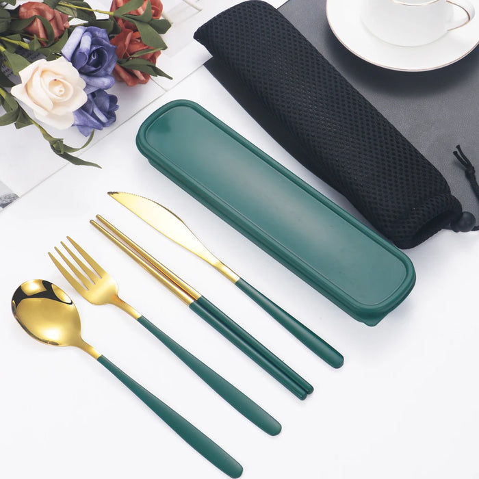 4 Piece Stainless Steel Tableware Set For Students Portable Cutlery Kit