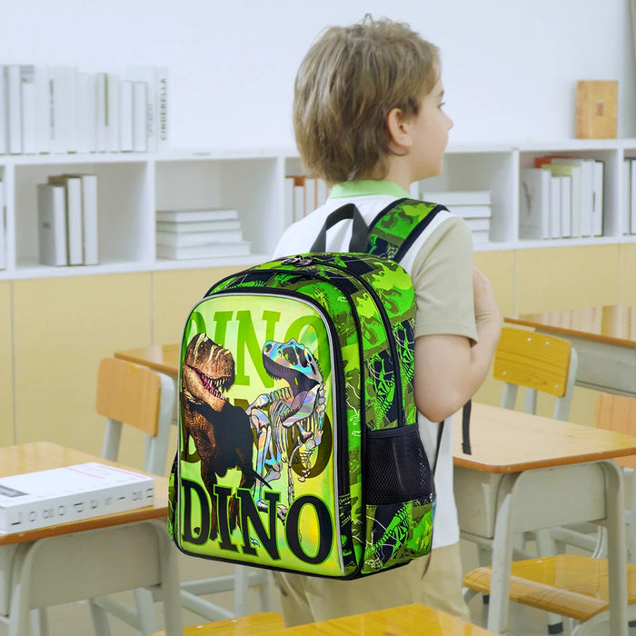3 Piece Dinosaur Backpack Set For Boys 16 Inch Water Resistant Preschool Bookbag