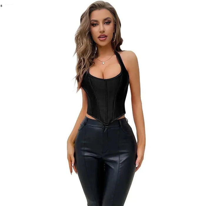 Black Satin Lace-Up Gothic Corset Plus Size Sleeveless Vest With Boning And Shaping For Retro Women