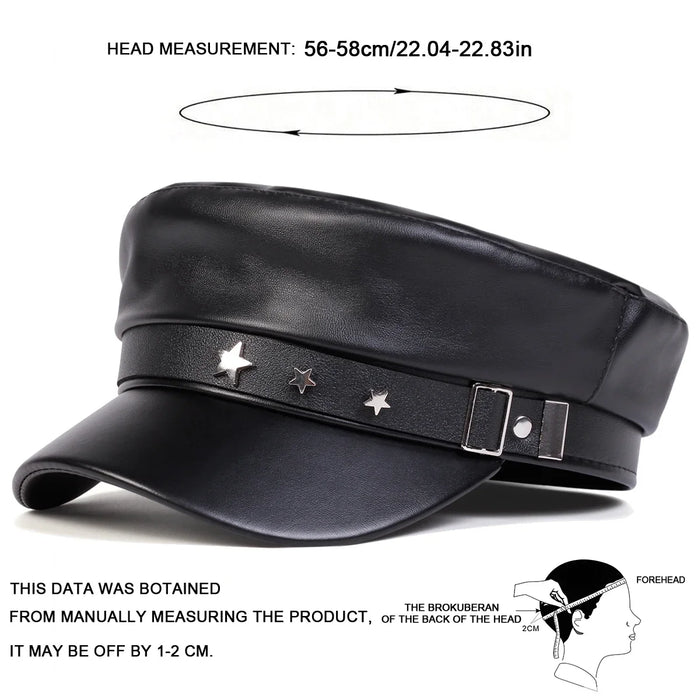 Unisex Pu Leather Military Hat With Star Buckle Flat Top Cadet Cap For Women Outdoor Sports Sunscreen Hat