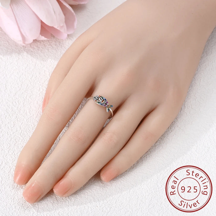 925 Sterling Silver Jesus & Fish Ring Coloured Zirconium Luxury Bands For Women Party Anniversary Wedding Gift