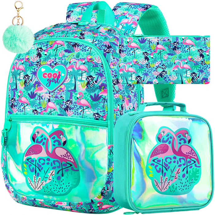 3 Piece Flamingo Backpack Set For Girls 16.5 Inch Bookbag With Lunch Box Waterproof Lightweight Kindergarten Ready