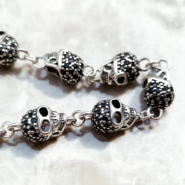 925 Sterling Silver Punk Skull Pave Link Chain Bracelet For Women Men Party