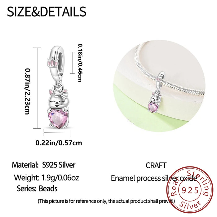 925 Sterling Silver Pink Cat Charm Pendant For Women Bracelet Diy Gift
