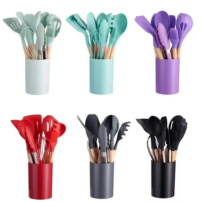 12 Piece Non Stick Silicone Kitchen Utensil Set With Wooden Handles