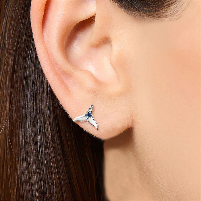 925 Sterling Silver Blue Stone Tail Fin Ear Studs Handcrafted