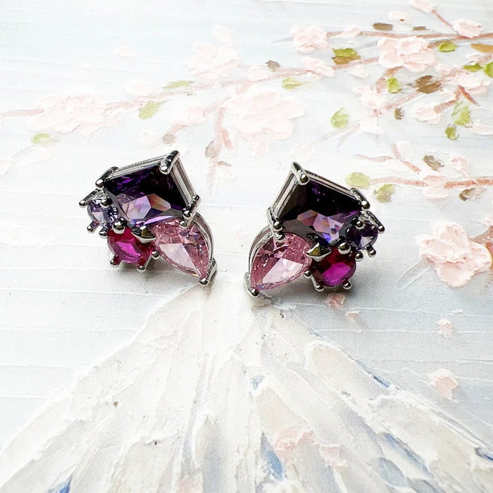 925 Sterling Silver Pink & Violet Zircon Ear Studs For Women