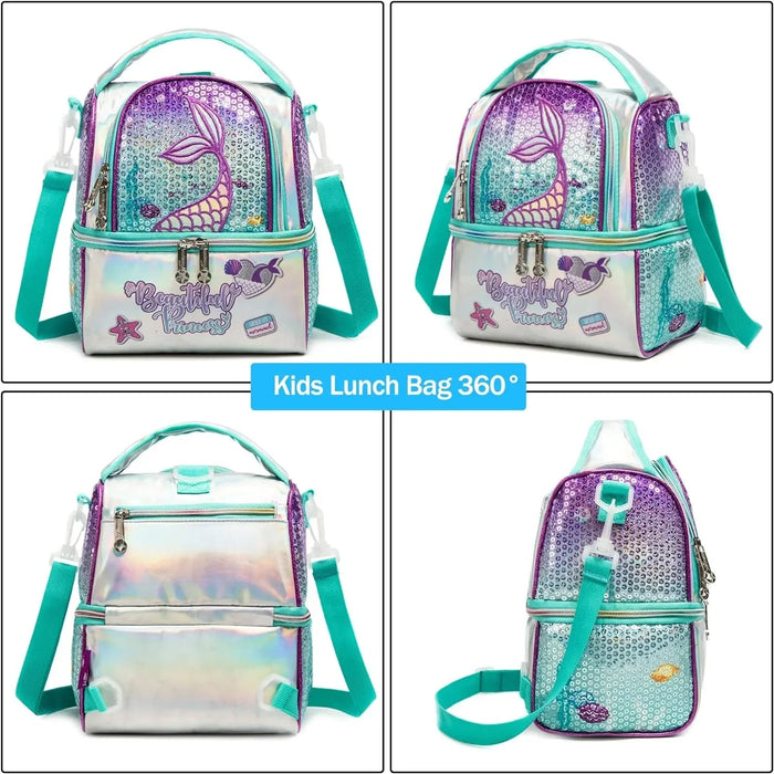 Kids Insulated Lunch Bag With Adjustable Strap High Capacity Bento Box For School Mermaid Sequin Design