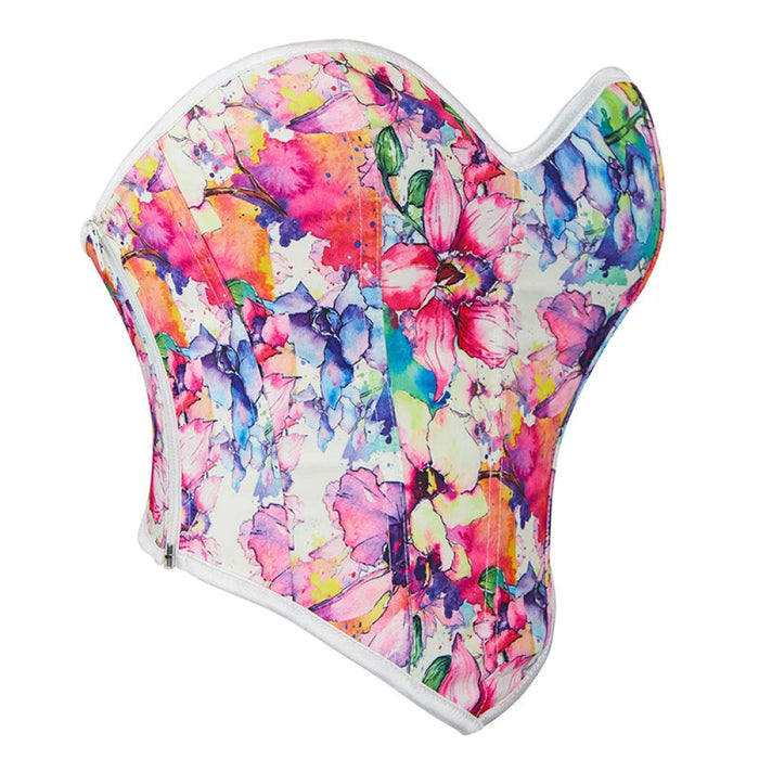 Floral Print Plus Size Corset Top Lotus Flower Pattern Zipper Closure