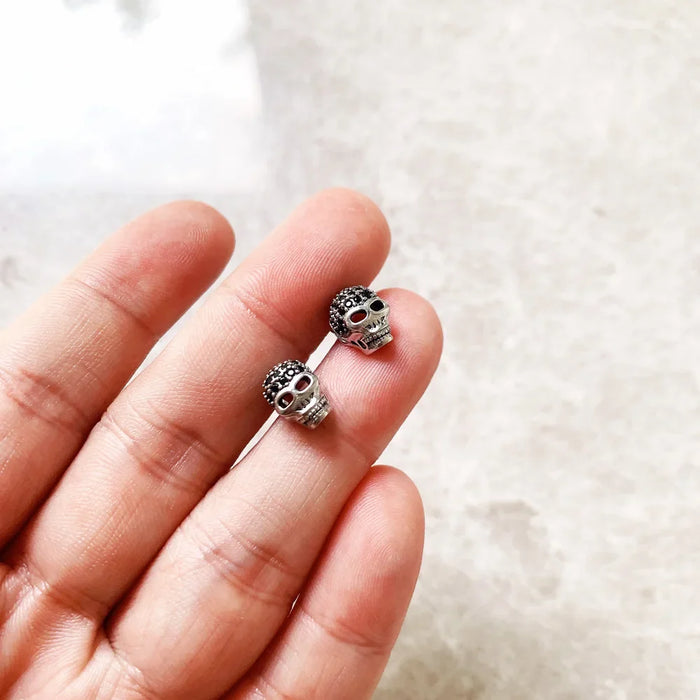 925 Sterling Silver Skull Pave Stud Earrings Unisex Gift