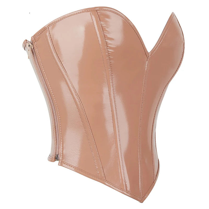 Vintage Gothic Leather Bustier Top Deep V-Neck Invisible Zipper Push Up Strapless