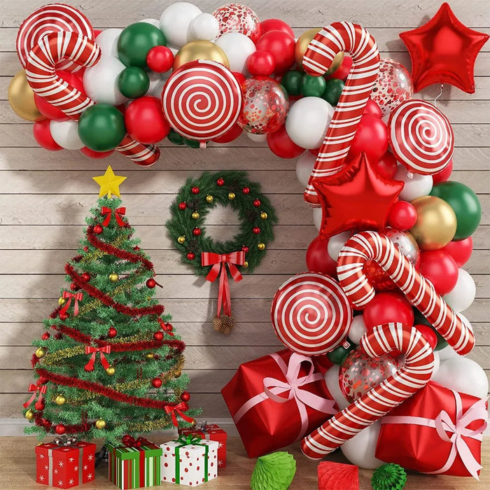 137Pcs Christmas Balloon Set Candy Cane Aluminum Film Balloon Red Green White Christmas New Year Balloon Chain Arch Wreath Set