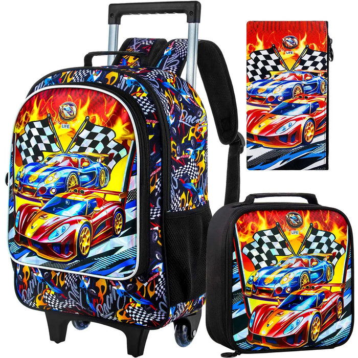 3 Piece Rolling Backpack Set For Kids Wheeled Bookbag With Lunch Box