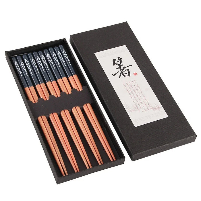 5 Pairs Wooden Chopsticks Set Non Slip Multi Colour Gift Box
