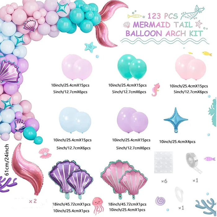 123 Pcs Mermaid Princess Balloon Sets， For Birthdays Pool Beach Parties Anniversaries Graduation Ceremonies Summer Decorations