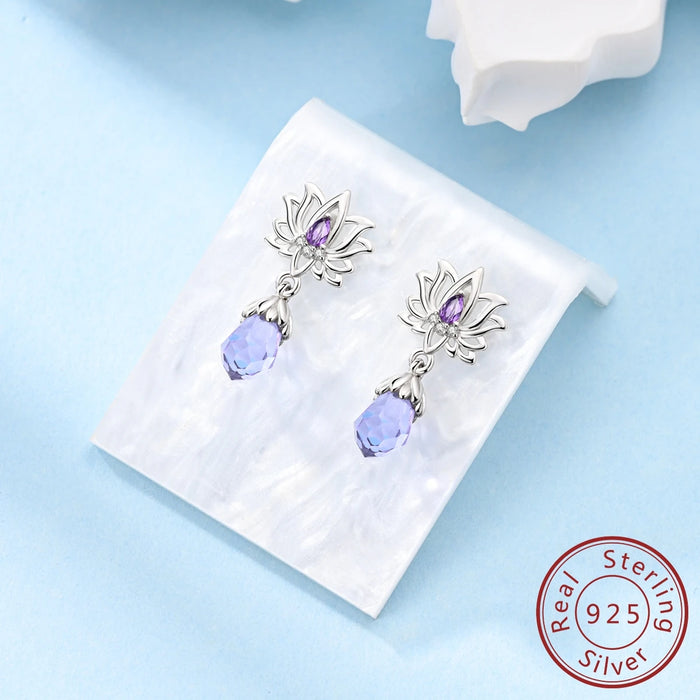 925 Sterling Silver Purple Lotus Stud Earrings Zircon For Women Fine Jewelry