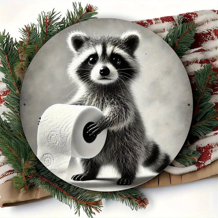 Round Raccoon Metal Wall Art 2D Printed Animal Decor For Home Office Garden & Patio