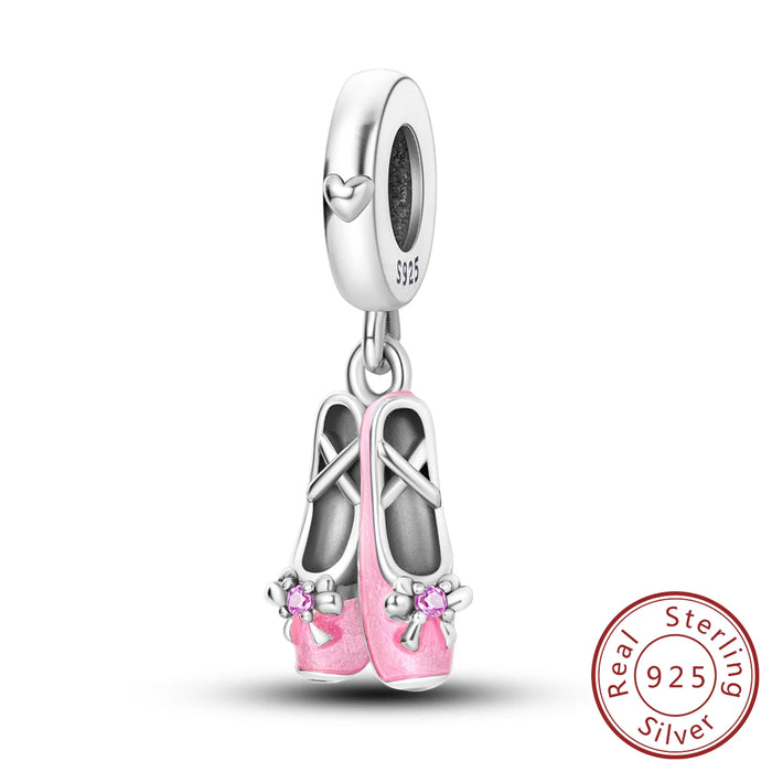 925 Sterling Silver Pink Ballet Shoe Pendant Fits Bracelets & Necklaces