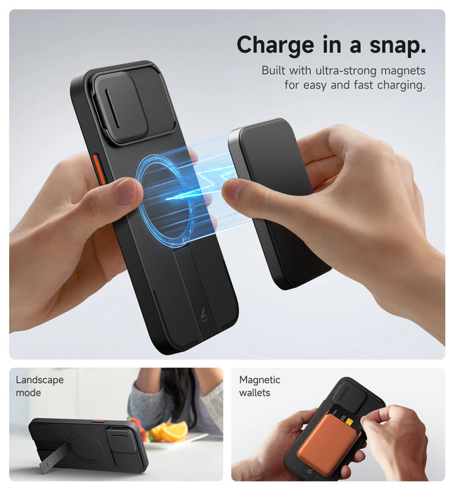 For Iphone 13 / 12 Pro Max Shockproof Bumper Slim Protective Case With Magnetic Camera Slide And Adjustable Kickstand