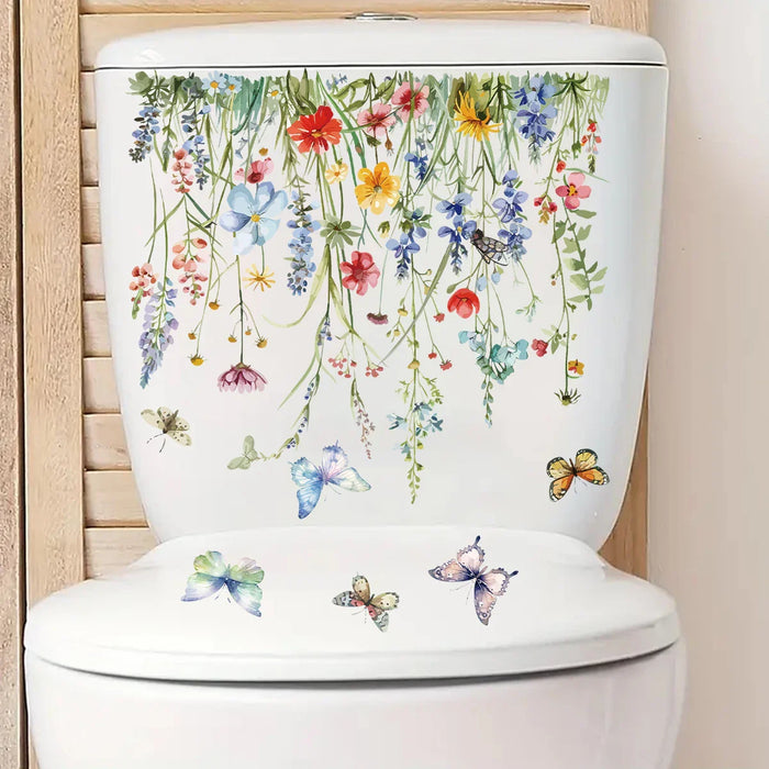 Watercolour Flower Butterfly Toilet Sticker For Bathroom Decor