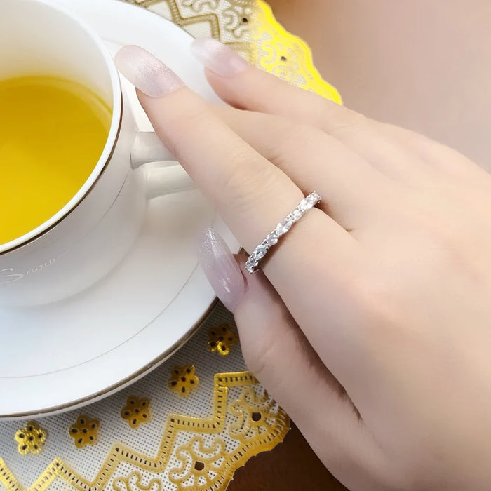 925 Sterling Silver Boho Band Ring White Pave Europe Style Glam Fashion Women