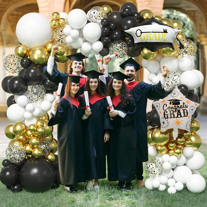 136Pcs Black White Gold Balloon Arch Garland Kit Graduation Cap Star Balloon Graduation Party Graduation Birthday Decoration