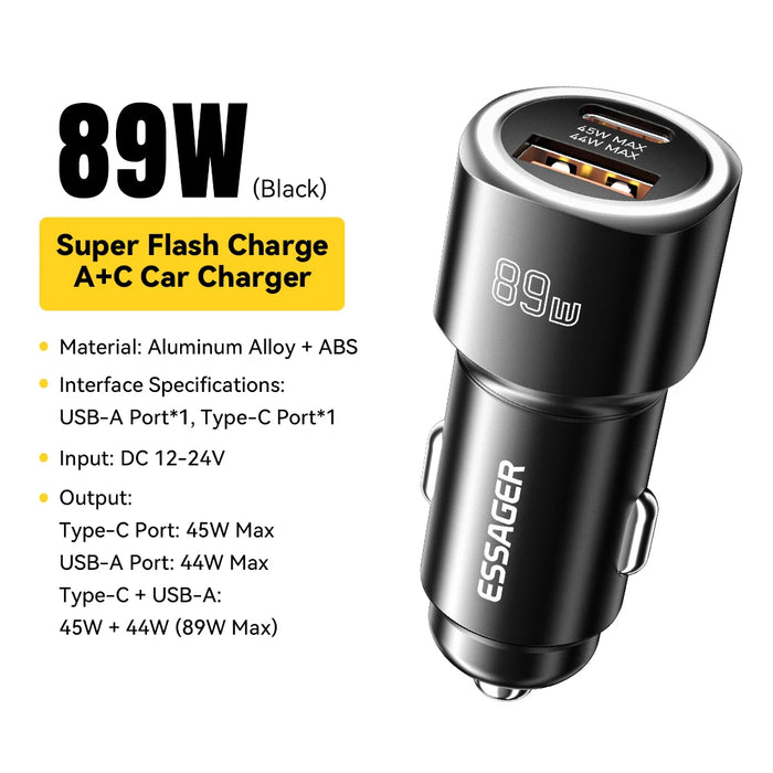 Usb C Car Charger 89W 2 Ports Super Fast Charge Pd Qc 3.0 Car Phone Charger For Iphone 15 Xiaomi Huawei Oneplus Realme