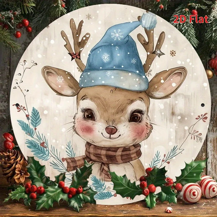 Round Holiday Metal Sign With Cute Deer Design 7.8X7.8 Inches