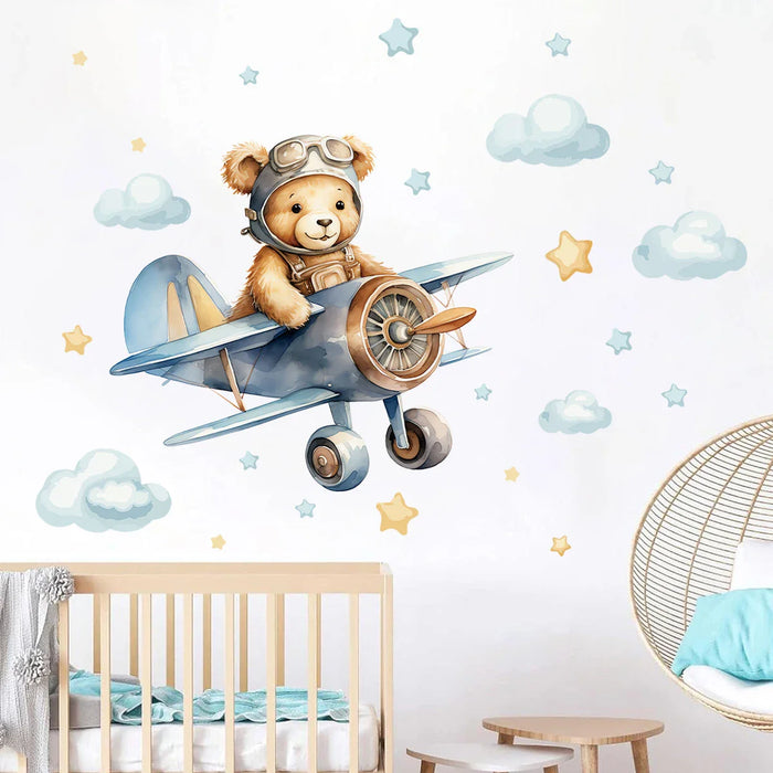 Cartoon Pilot Bear Wall Decals For Kids Room Decor