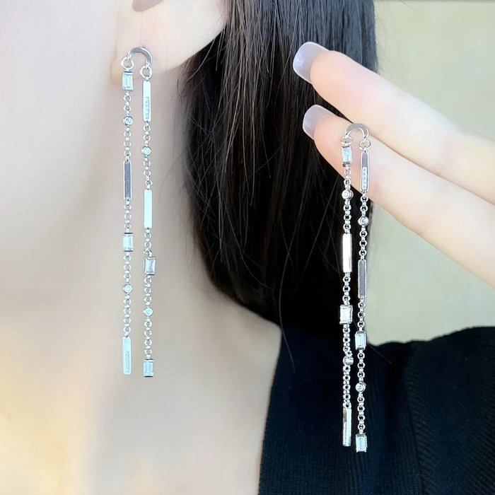 925 Sterling Silver Baguette Cut Earrings Angular Stones Long Glam Jewelry For Women