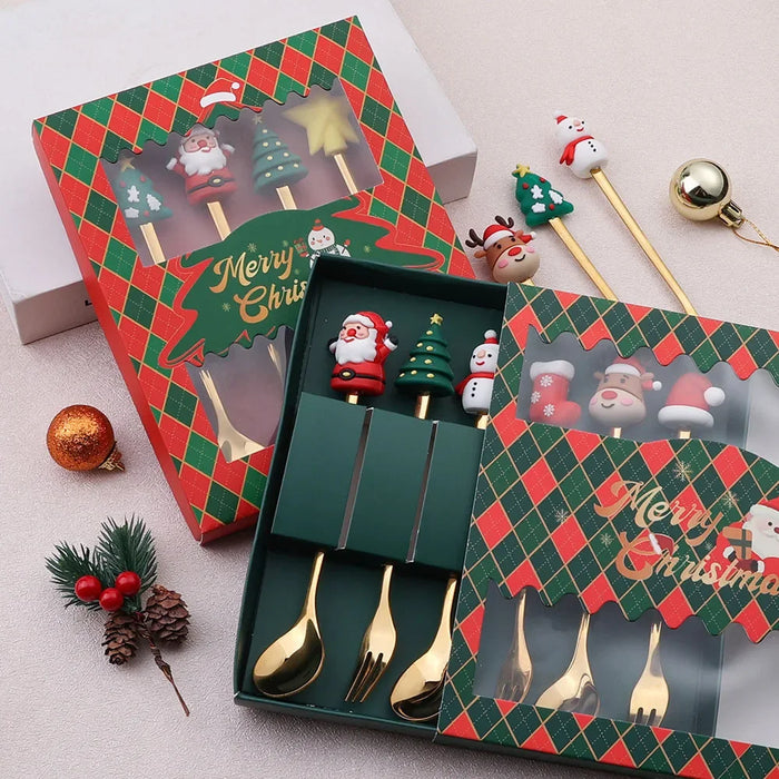 4 / 6 Piece Christmas Coffee Spoons & Forks Set Stainless Steel Red / Green Gift Box Kids' Gifts