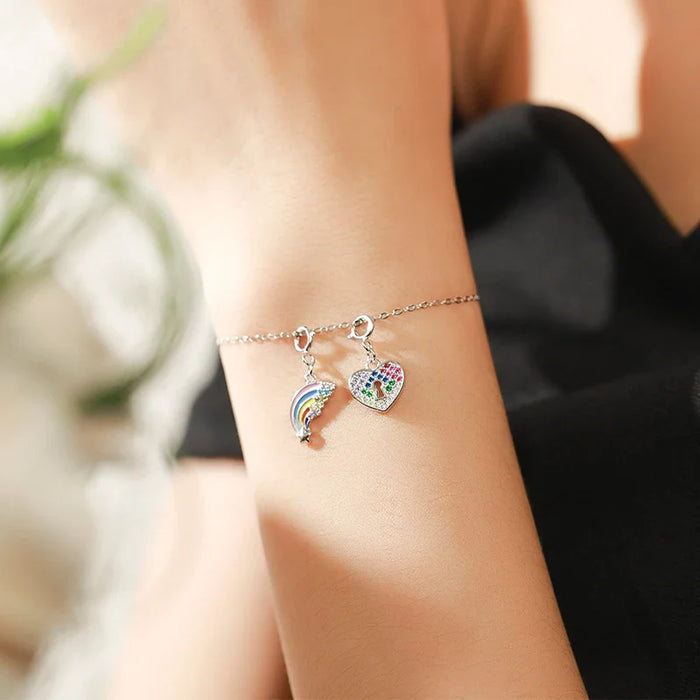 925 Sterling Silver Rainbow Cz Keyhole Hearts Pendant