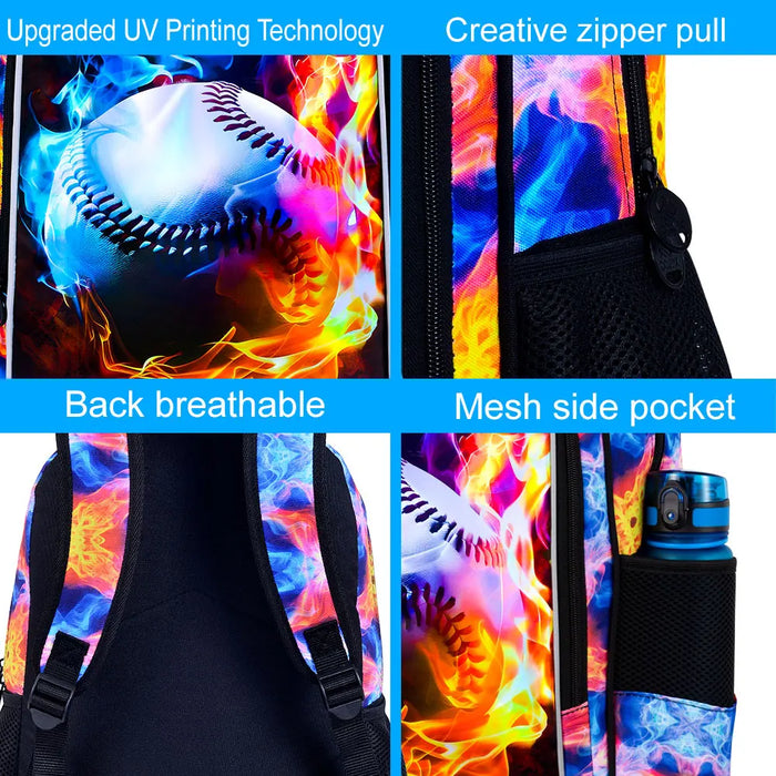 17 Inch School Bag Lunch Bag Set For Teens Water Resistant Baseball Pattern Fits Boys Men