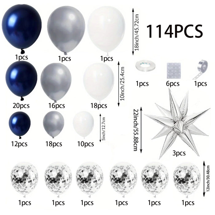 114Pcs Birthday Balloon Arch Set Ink-Blue 18-Inch Silver Exploding Star Birthday Party Outdoor Party Universal Decoration House