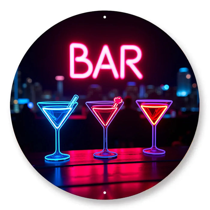 Retro Neon Cocktail Bar Sign City Skyline Metal Art For Home Pub & Cafe