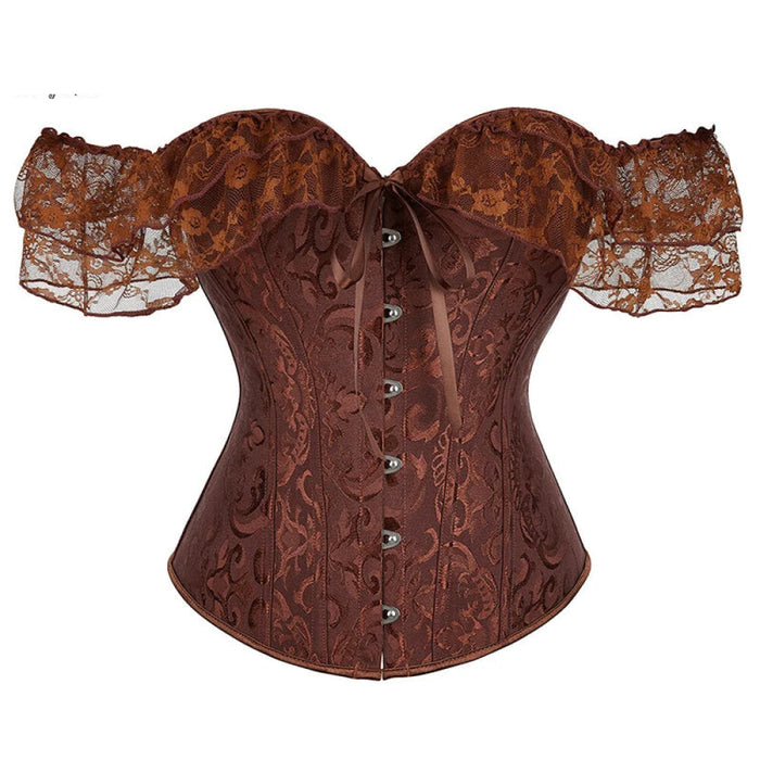 Brown Steampunk Corset With Front Busk Closure Floral Lace And Puff Sleeves