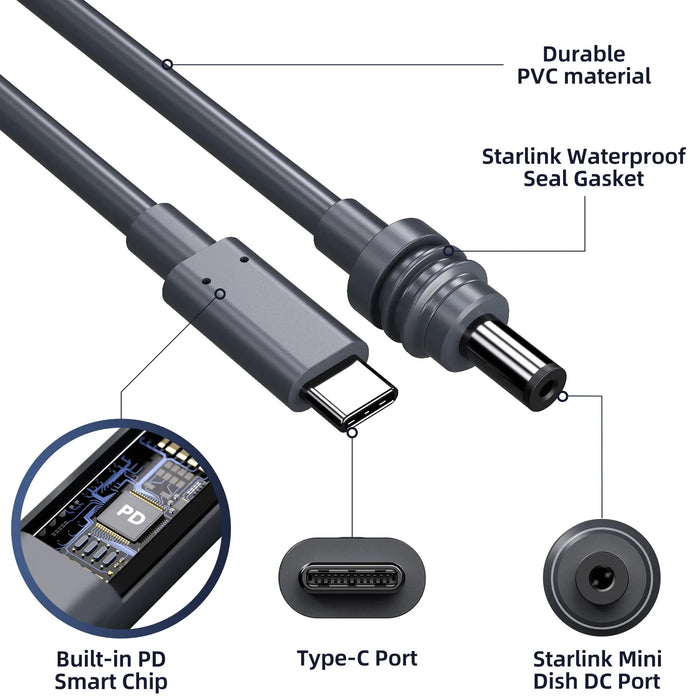 Waterproof Starlink Mini Dc / Typec To Dc Extension Cable 3 / 5M Ul Certified