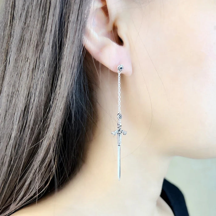 925 Sterling Silver Fantasy Sword Earrings Richly Ornamented Fine Jewelry For Women & Men