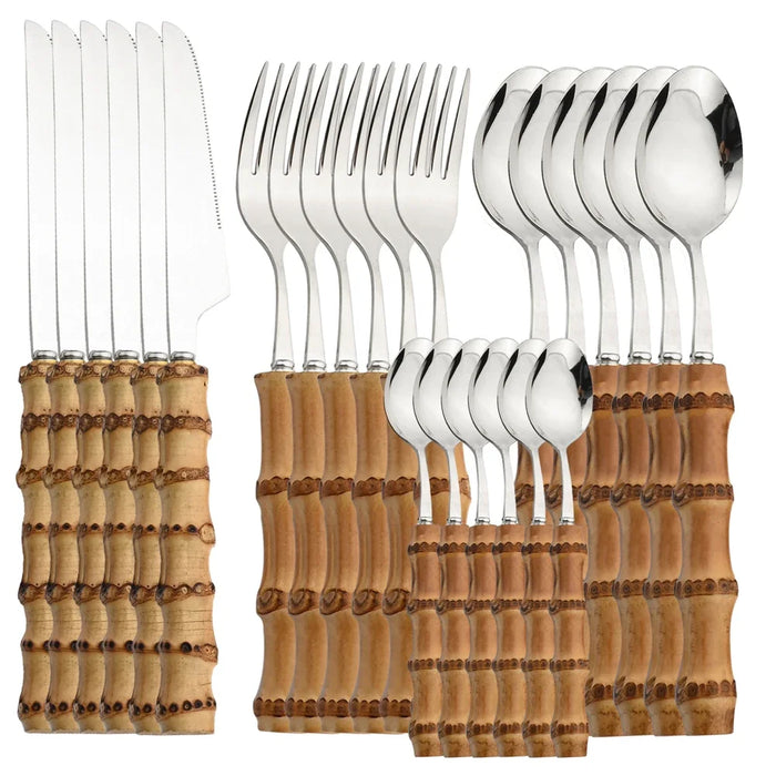 24 Piece Stainless Steel Bamboo Cutlery Set With Natural Handles